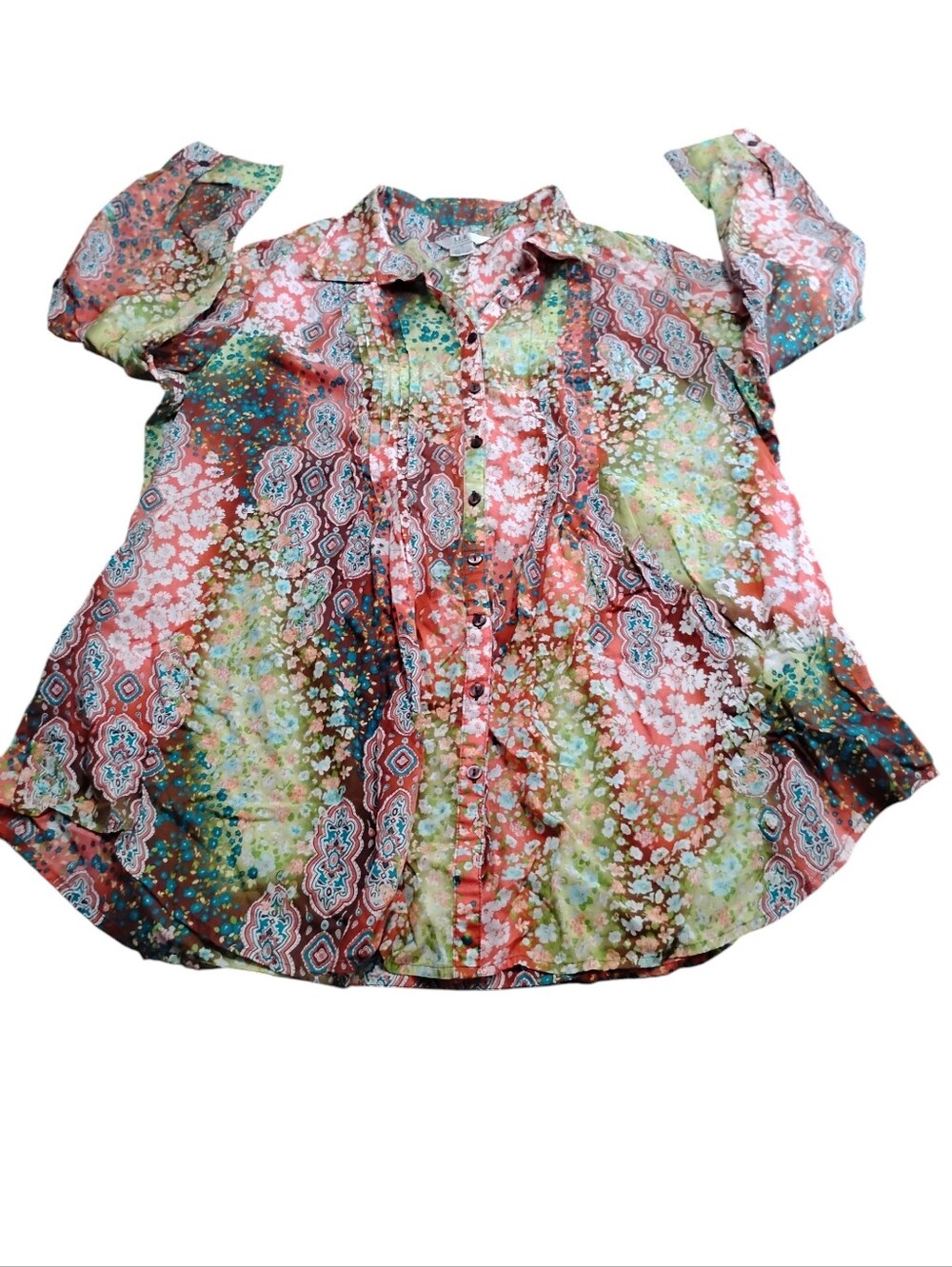 S.L.B Woman Multicolor Boho Button down Babydoll Blouse Cotton Loosefit Size 1X